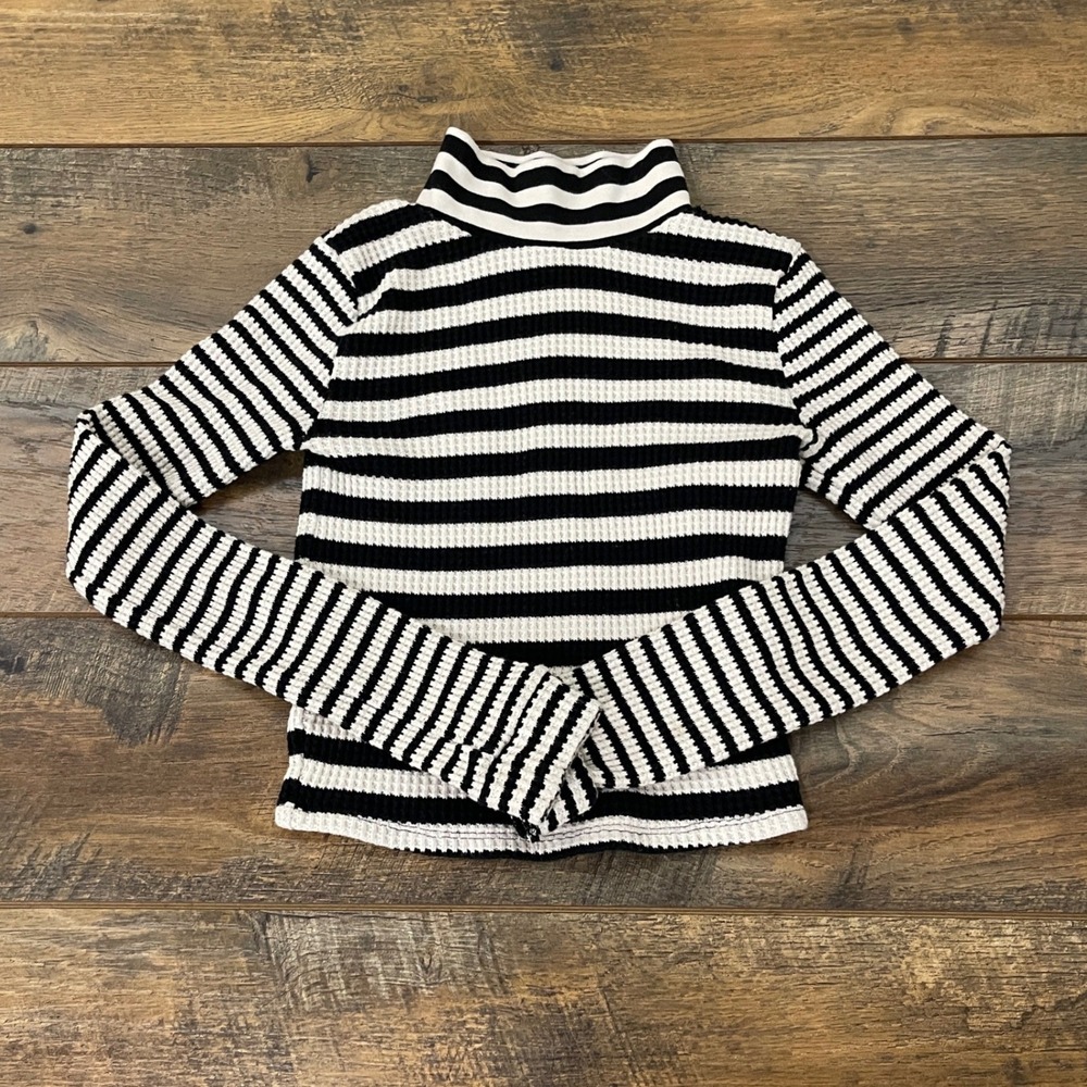 Aerie Black White Striped Waffle Knit Mock Neck Turtleneck Top XS Minimalist